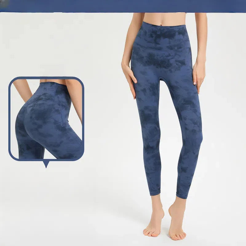 Tie-dye personality nude hip lift slim sports running tight stretch cropped pants