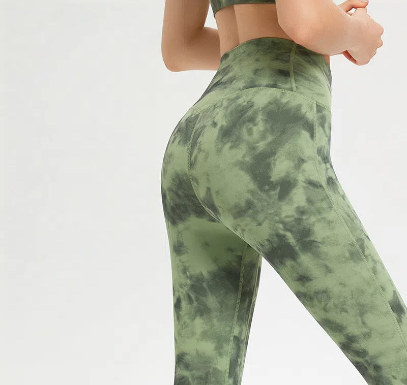 Tie-dye personality nude hip lift slim sports running tight stretch cropped pants