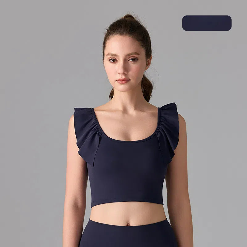 Ruffled nude antibacterial sleeveless yoga sports U-shaped beautiful back bra
