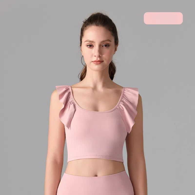 Ruffled nude antibacterial sleeveless yoga sports U-shaped beautiful back bra