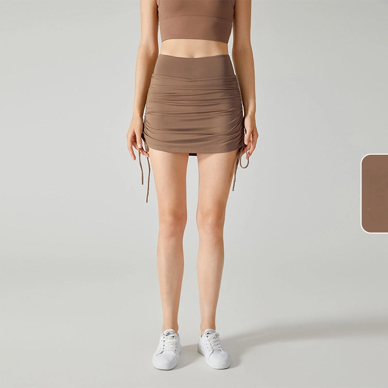 Drawstring tie anti-slip fake two-piece skirt