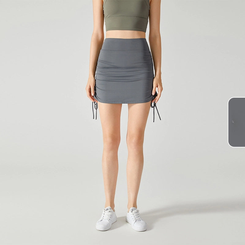 Drawstring tie anti-slip fake two-piece skirt