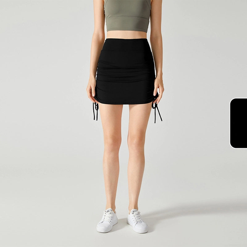 Drawstring tie anti-slip fake two-piece skirt