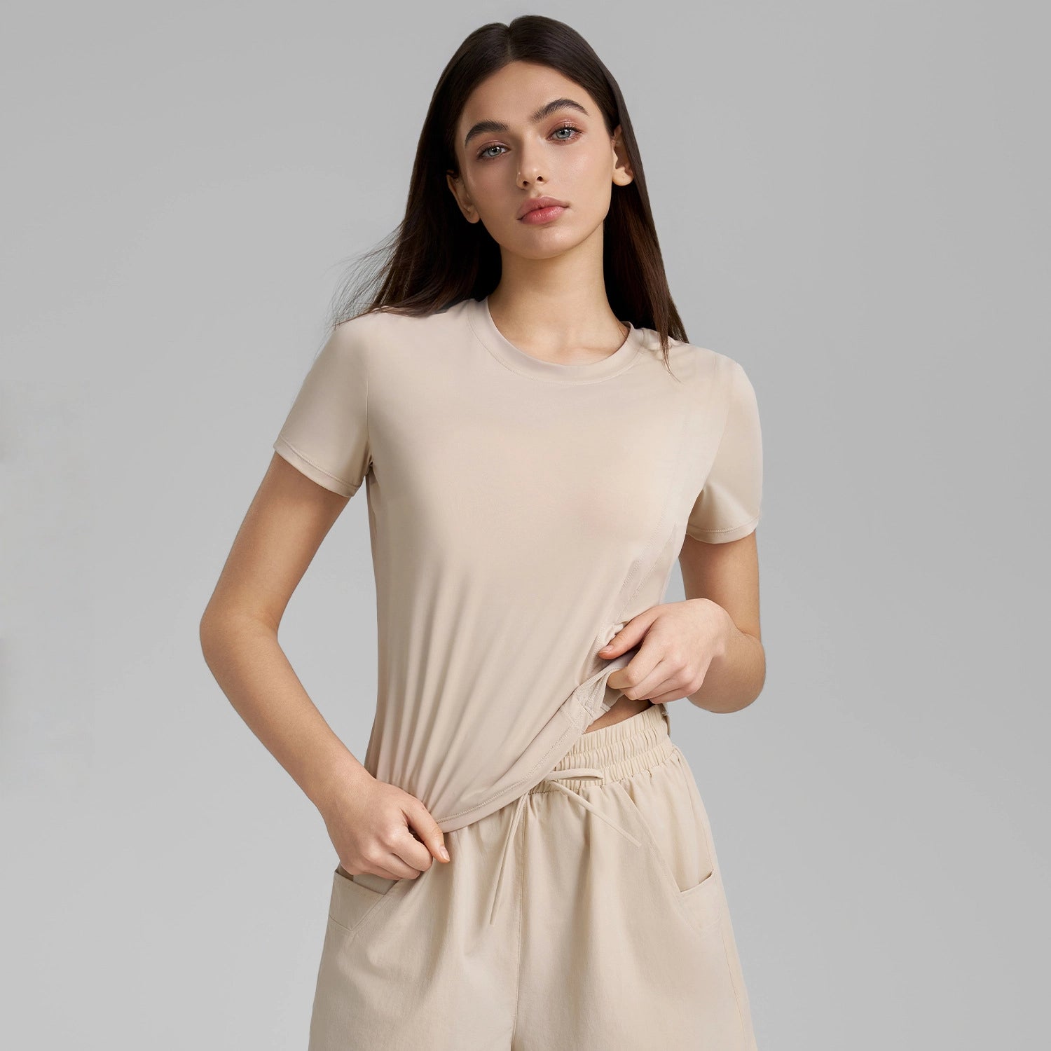 Crew neck paneled with breathable short sleeves