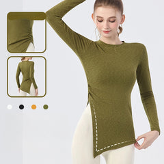 Slim waist and hip slit casual fitness long-sleeved top
