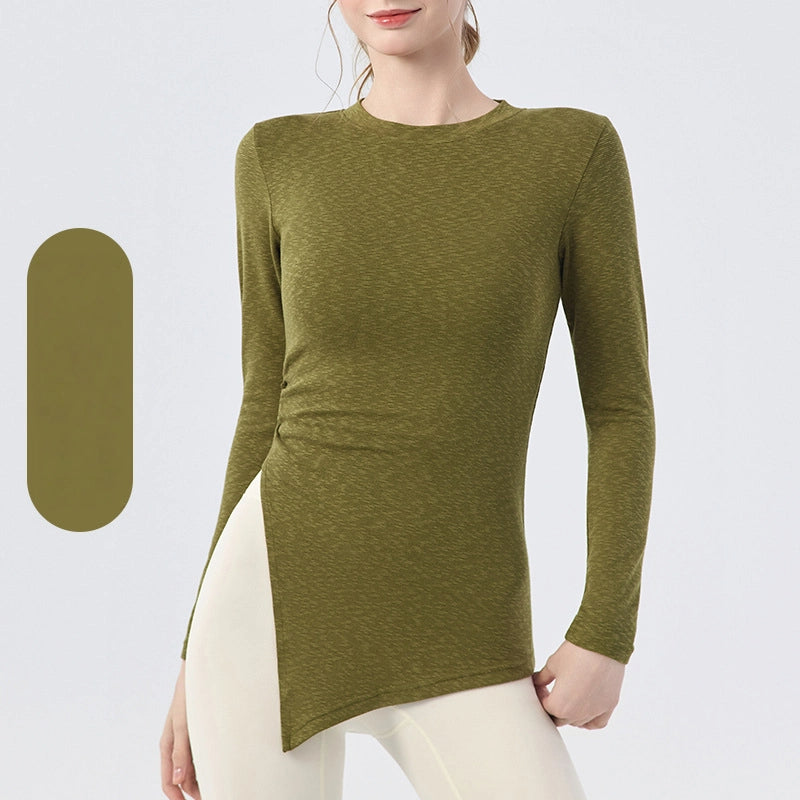 Slim waist and hip slit casual fitness long-sleeved top