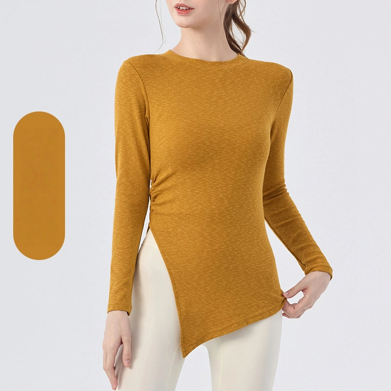 Slim waist and hip slit casual fitness long-sleeved top