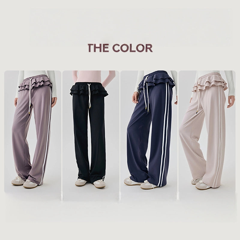Straight vertical stripes cover the flesh and slim fitness wide-leg pants