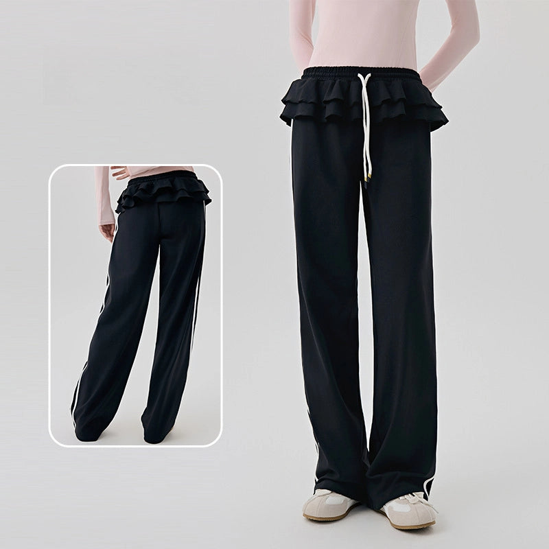 Straight vertical stripes cover the flesh and slim fitness wide-leg pants