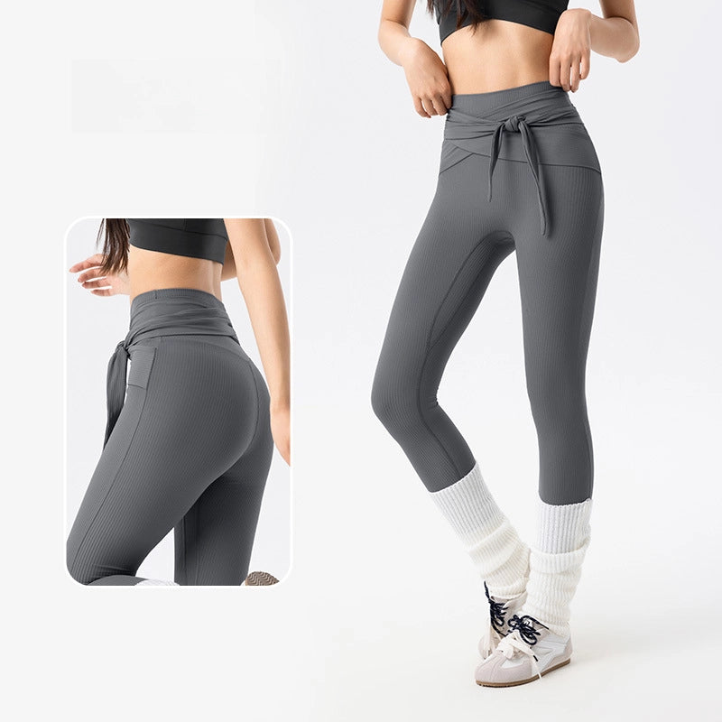 Peach hip cross-strap tummy tucking gym pants