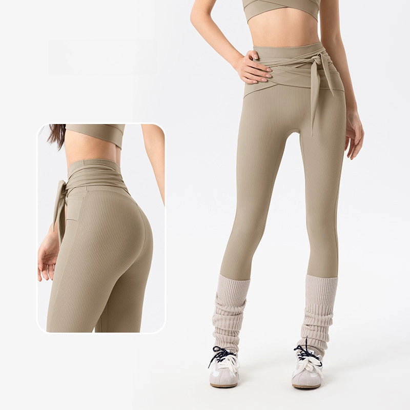 Peach hip cross-strap tummy tucking gym pants