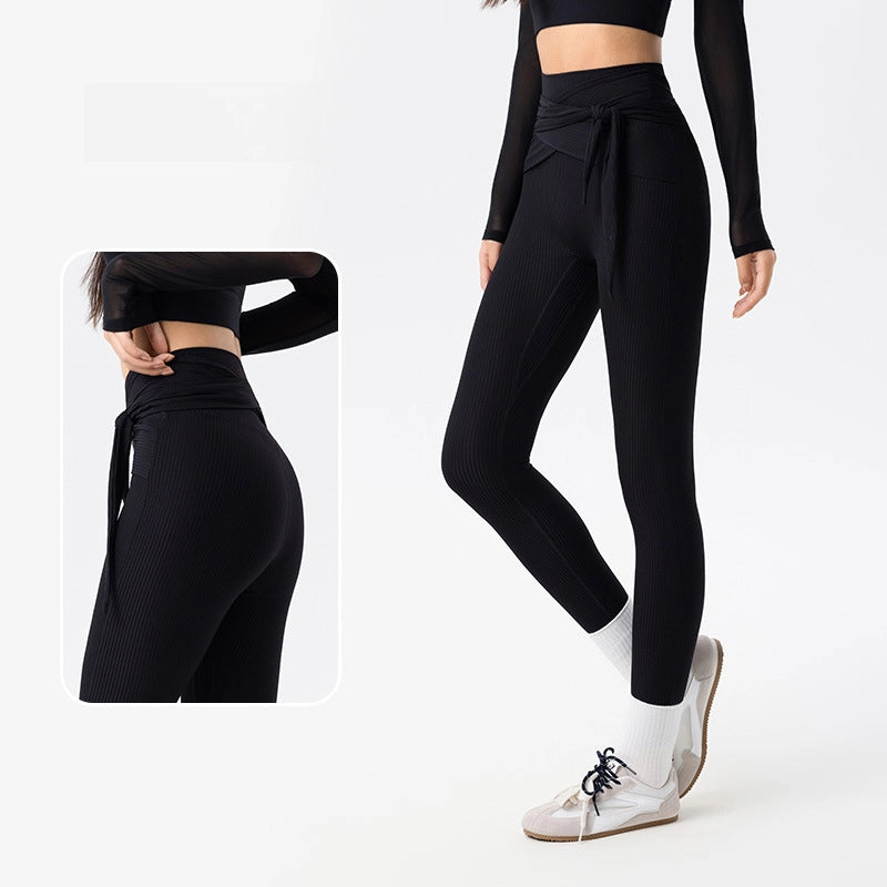 Peach hip cross-strap tummy tucking gym pants