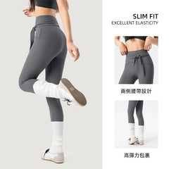 Peach hip cross-strap tummy tucking gym pants