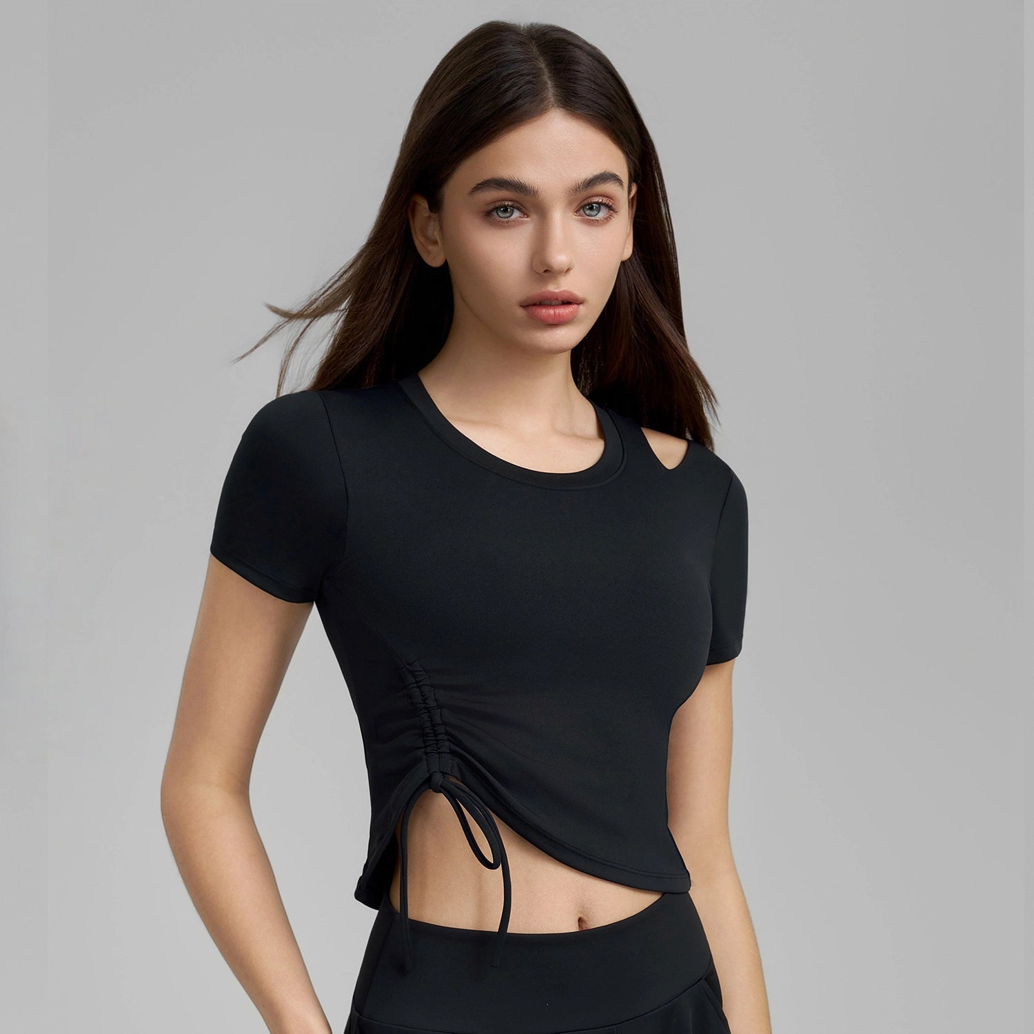 Fixed-cup one-shoulder openwork pleated drawstring top
