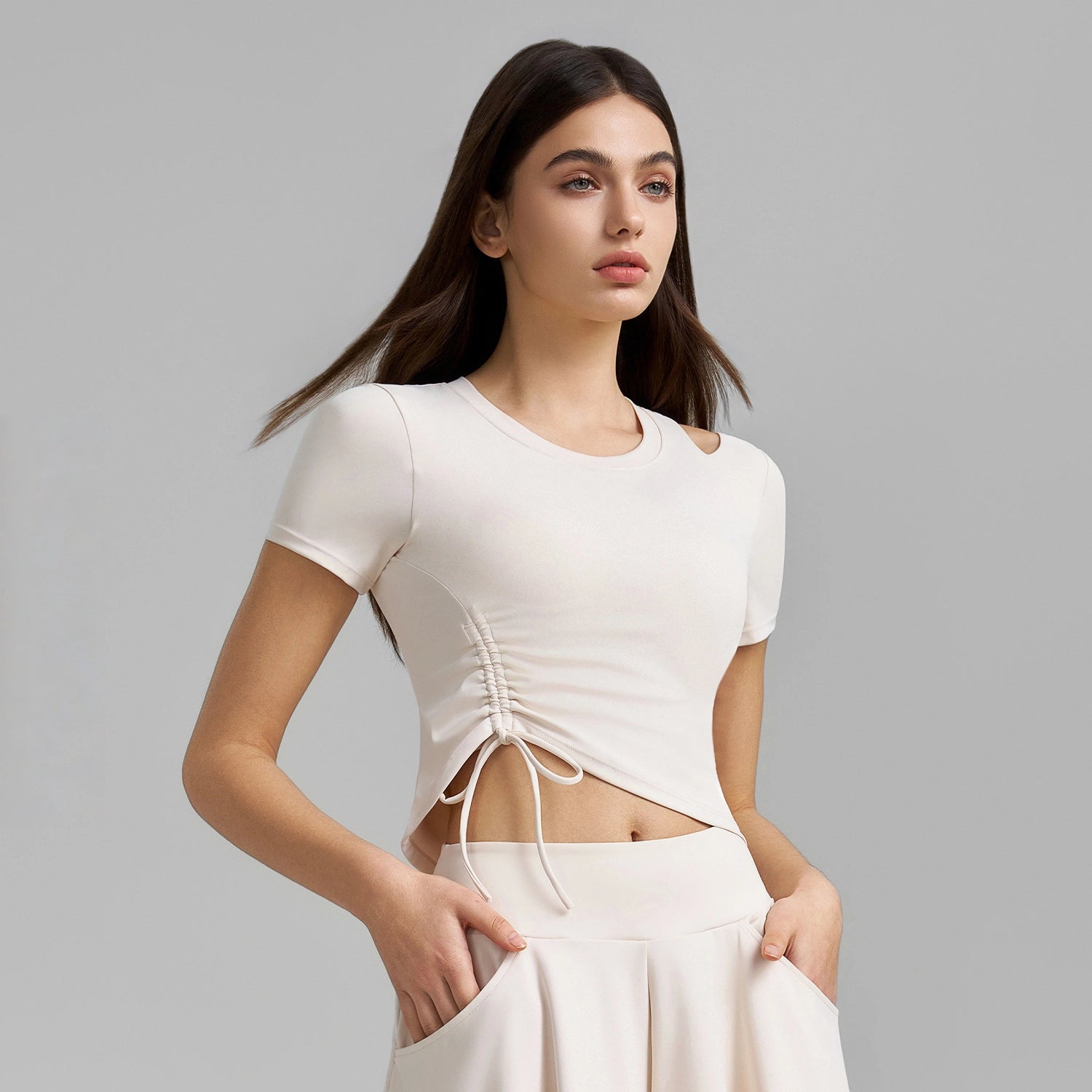 Fixed-cup one-shoulder openwork pleated drawstring top