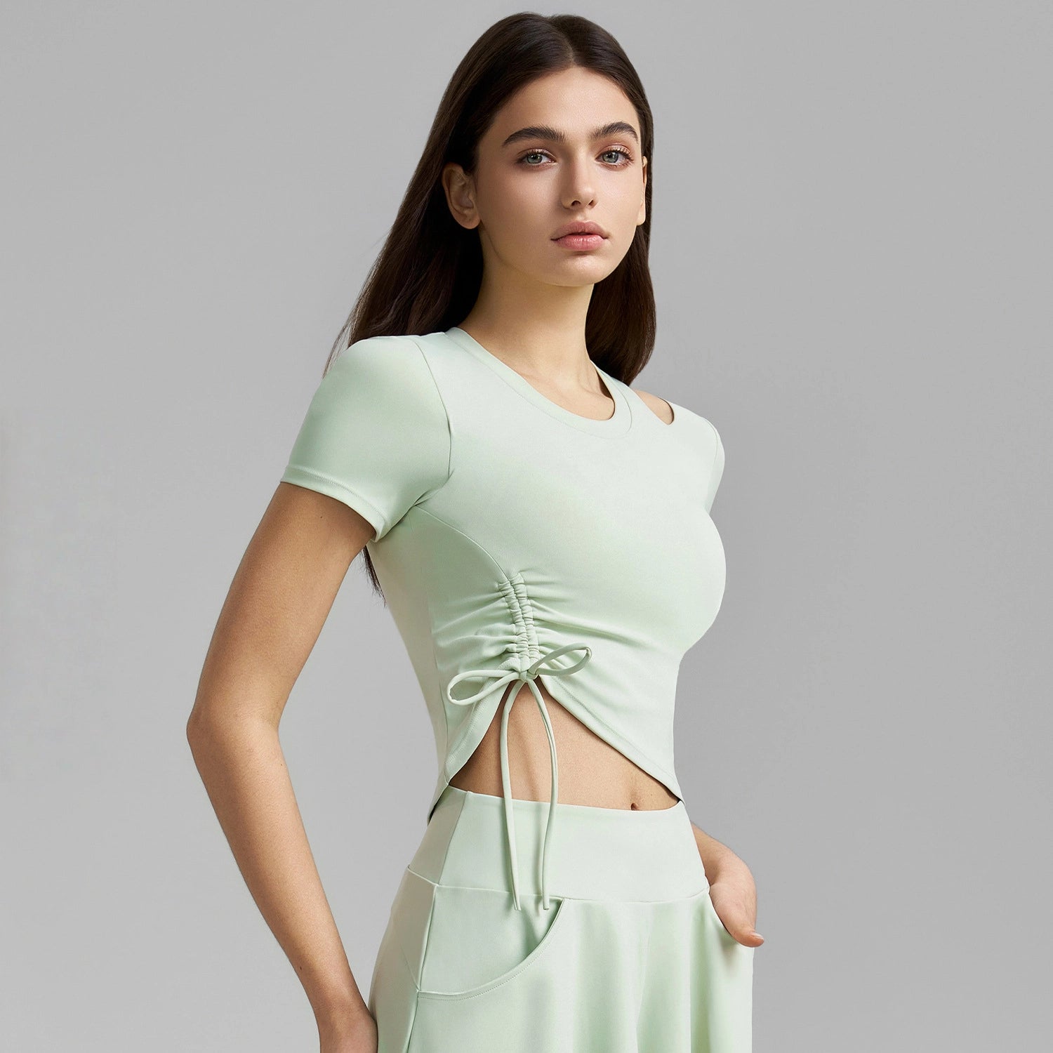 Fixed-cup one-shoulder openwork pleated drawstring top