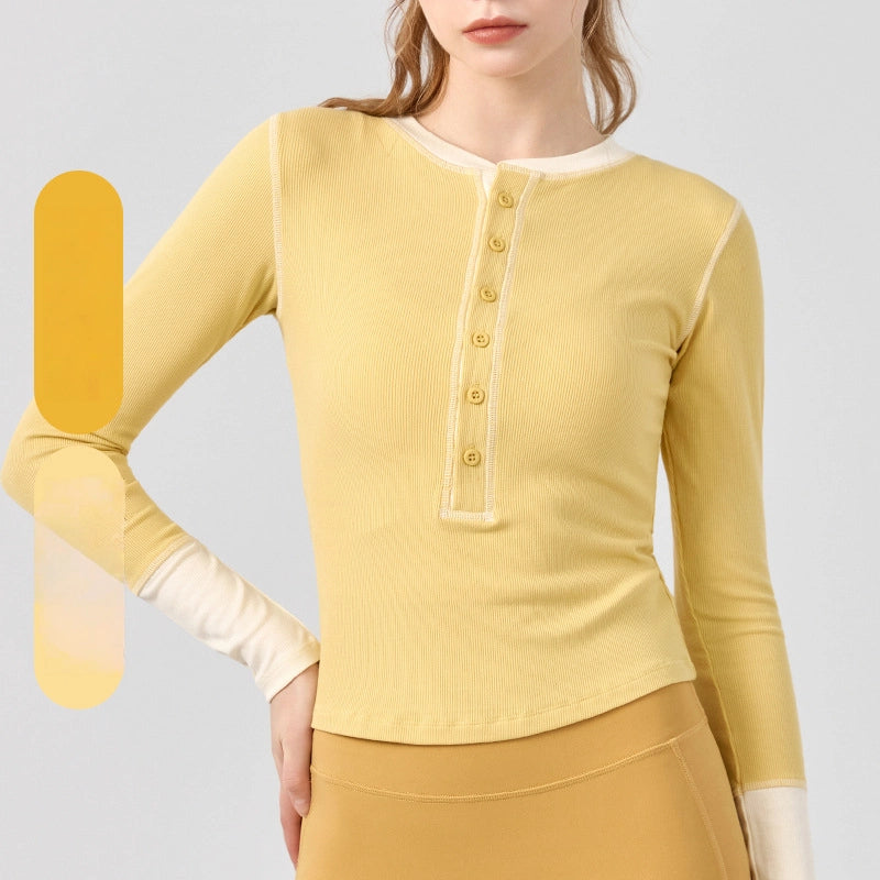 Retro crew neck contrast design slim yoga fitness long-sleeved top