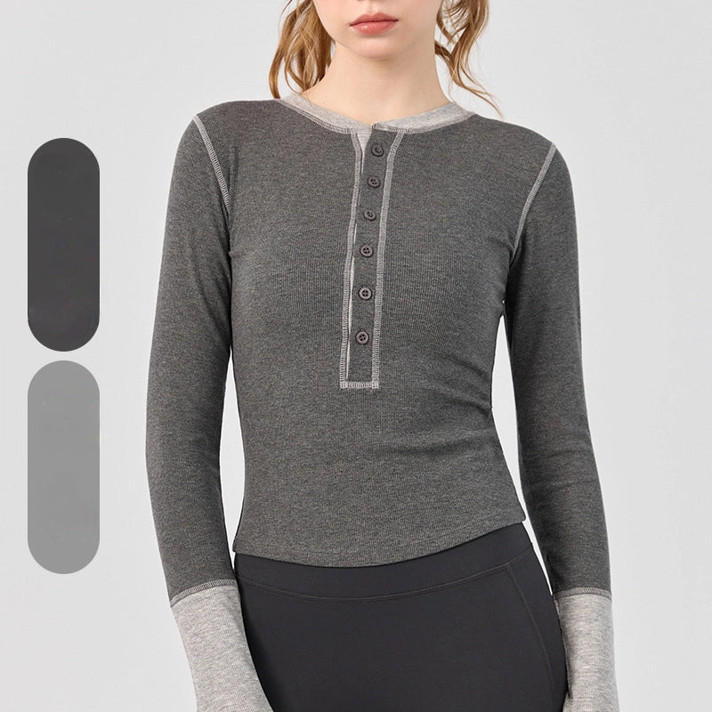 Retro crew neck contrast design slim yoga fitness long-sleeved top