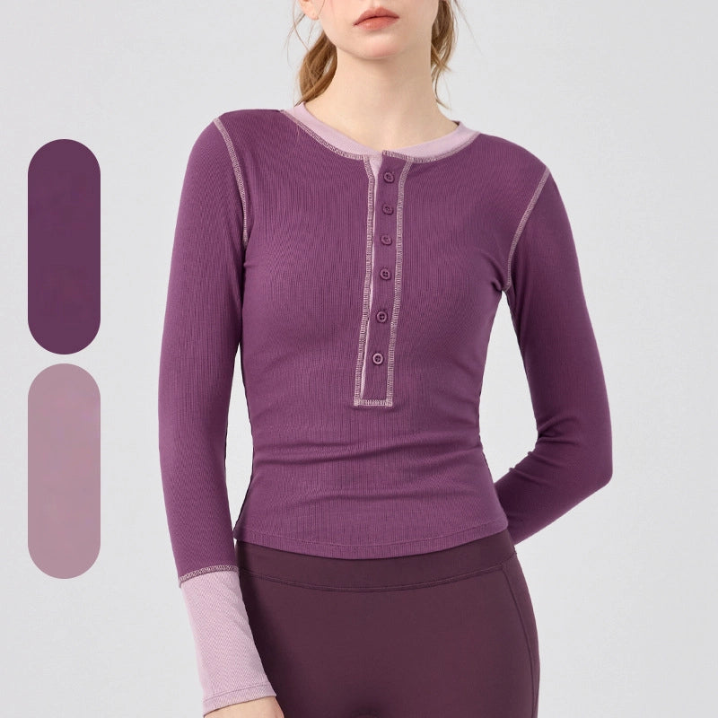 Retro crew neck contrast design slim yoga fitness long-sleeved top