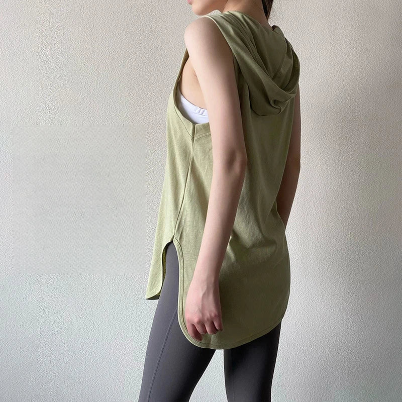 Sleeveless hooded sports vest cover-up