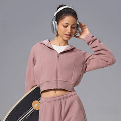 Autumn and winter cropped fleece casual sports hooded jacket