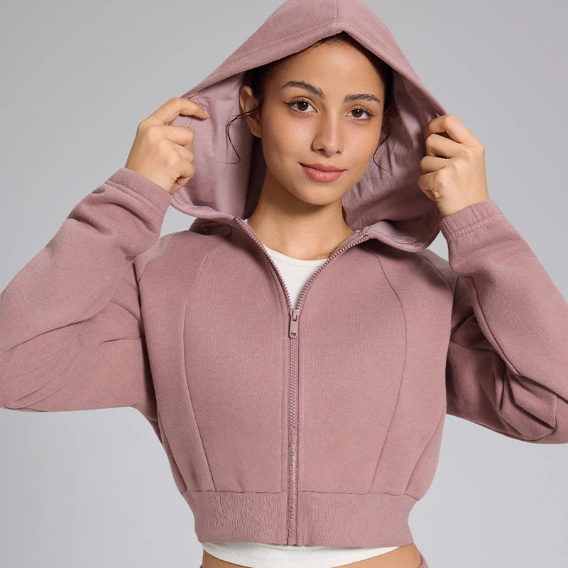 Autumn and winter cropped fleece casual sports hooded jacket