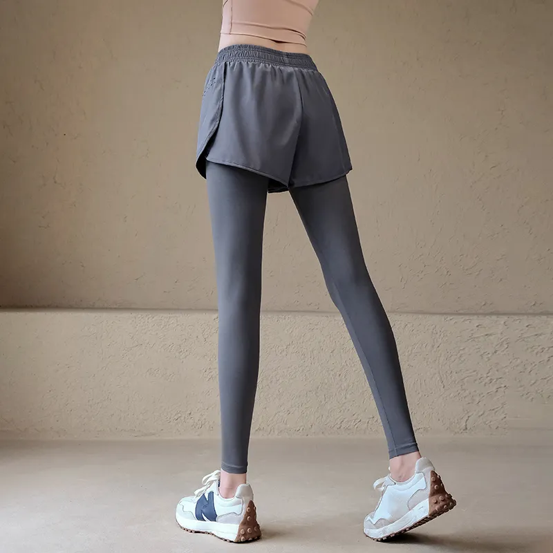 Fake two piece high waisted leggings