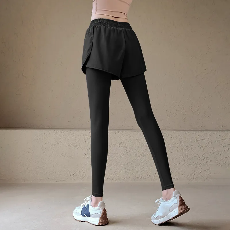 Fake two piece high waisted leggings