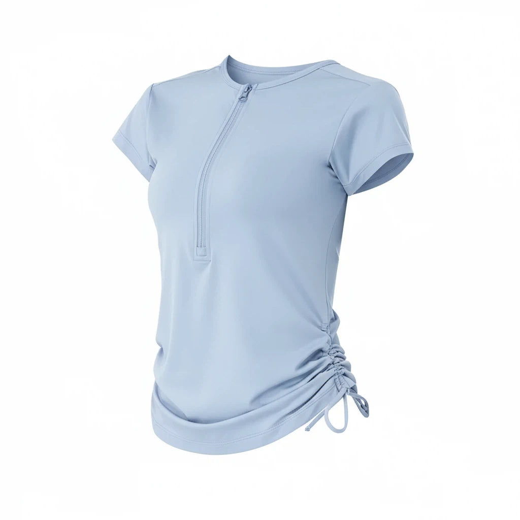 Zipper drawstring breathable yoga short sleeves
