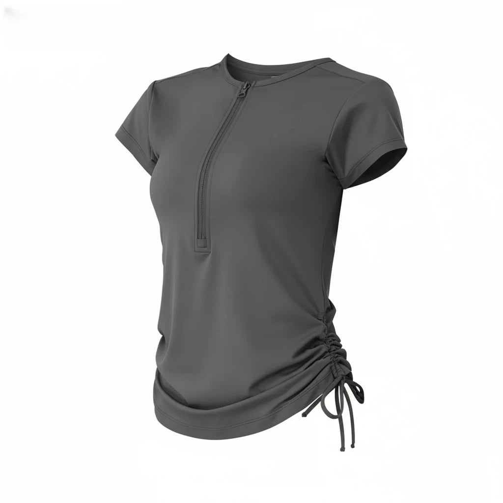 Zipper drawstring breathable yoga short sleeves