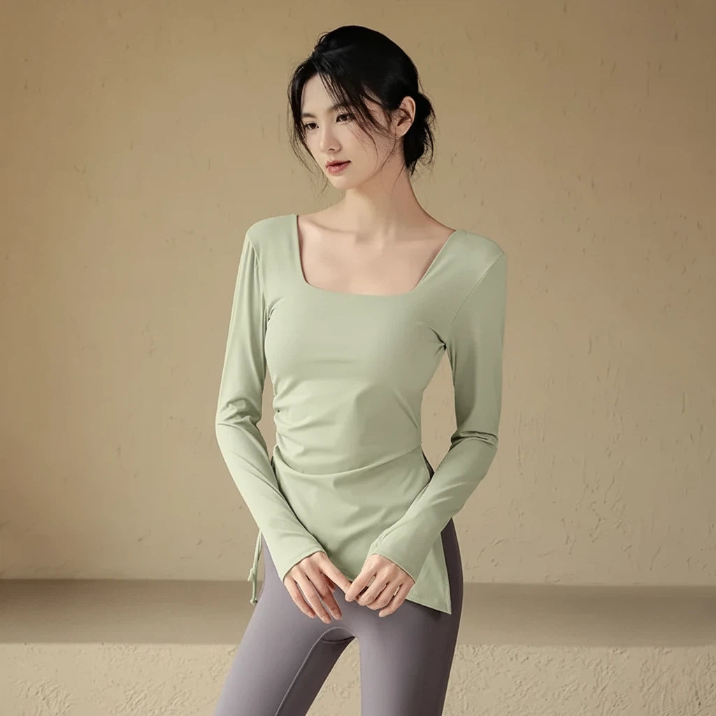Drawstring yoga long sleeves with chest pads