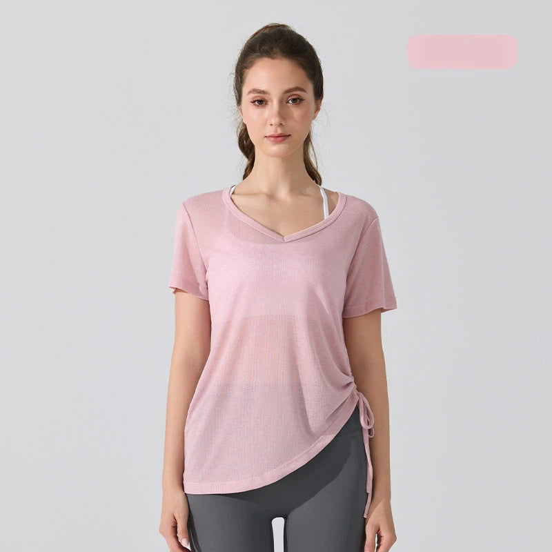 V-neck drawstring loose, Breathable, Quick-drying short sleeves