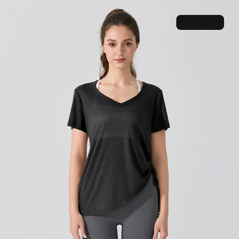 V-neck drawstring loose, Breathable, Quick-drying short sleeves