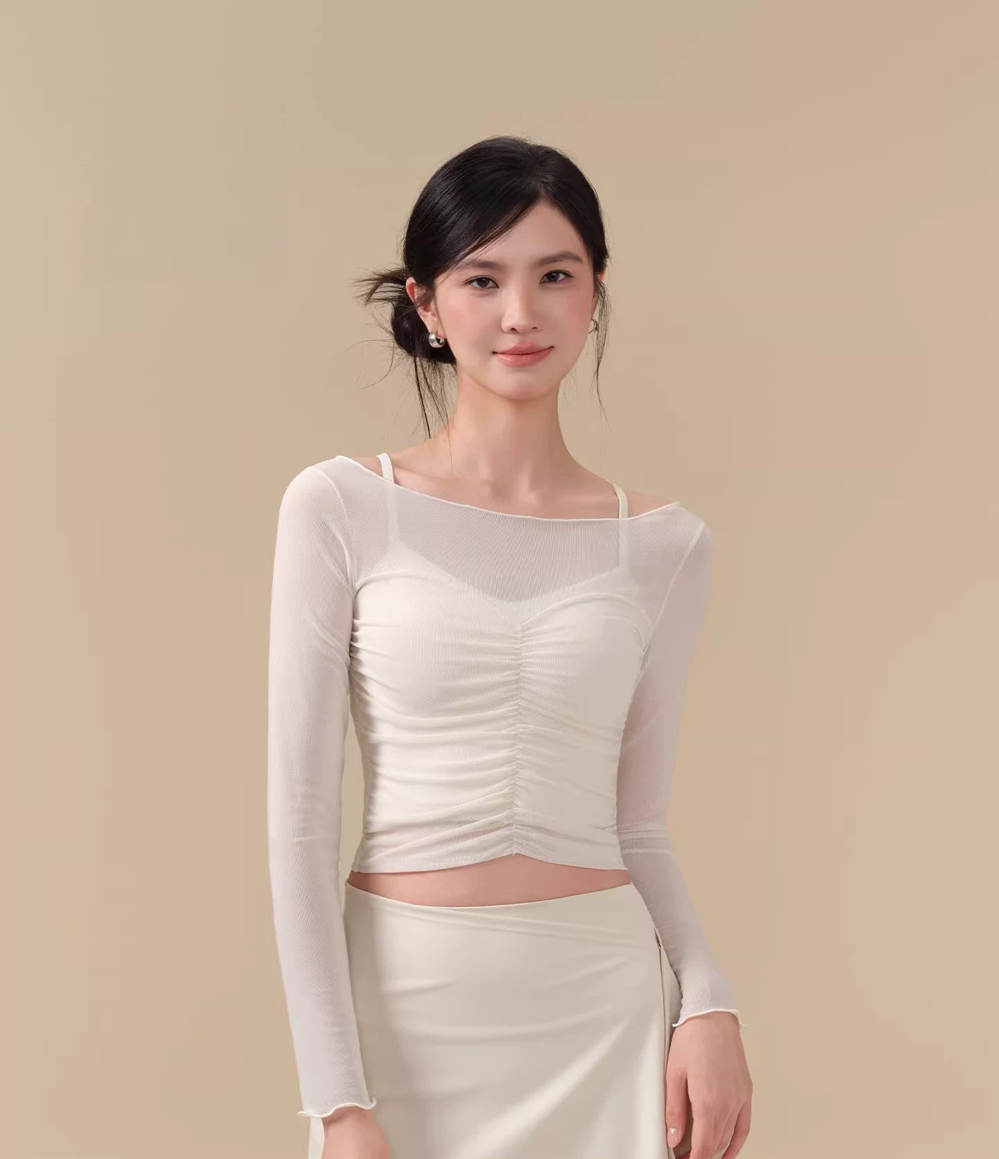 Mesh breathable pleated waist two-piece set