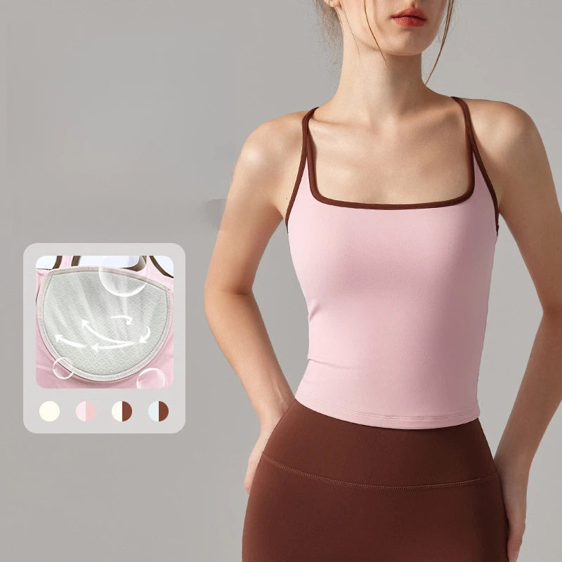 Contrasting color versatile nude fixed cup yoga shockproof sports vest