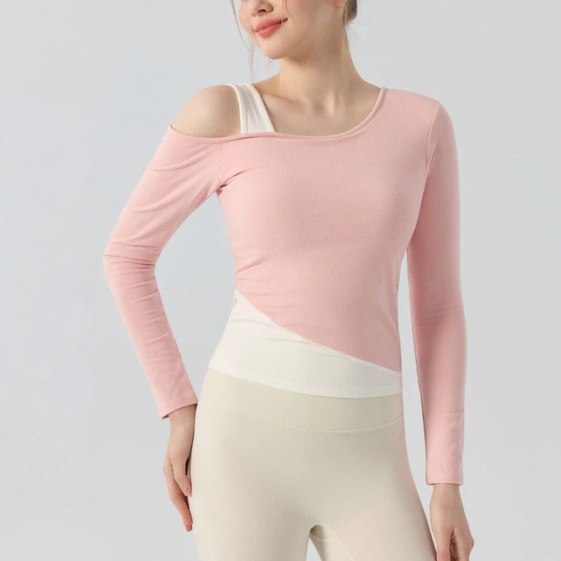 Contrasting fake two-piece off-the-shoulder sports Pilates top