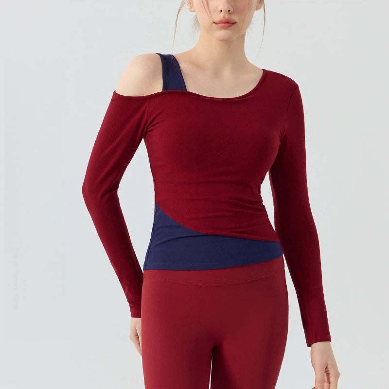Contrasting fake two-piece off-the-shoulder sports Pilates top