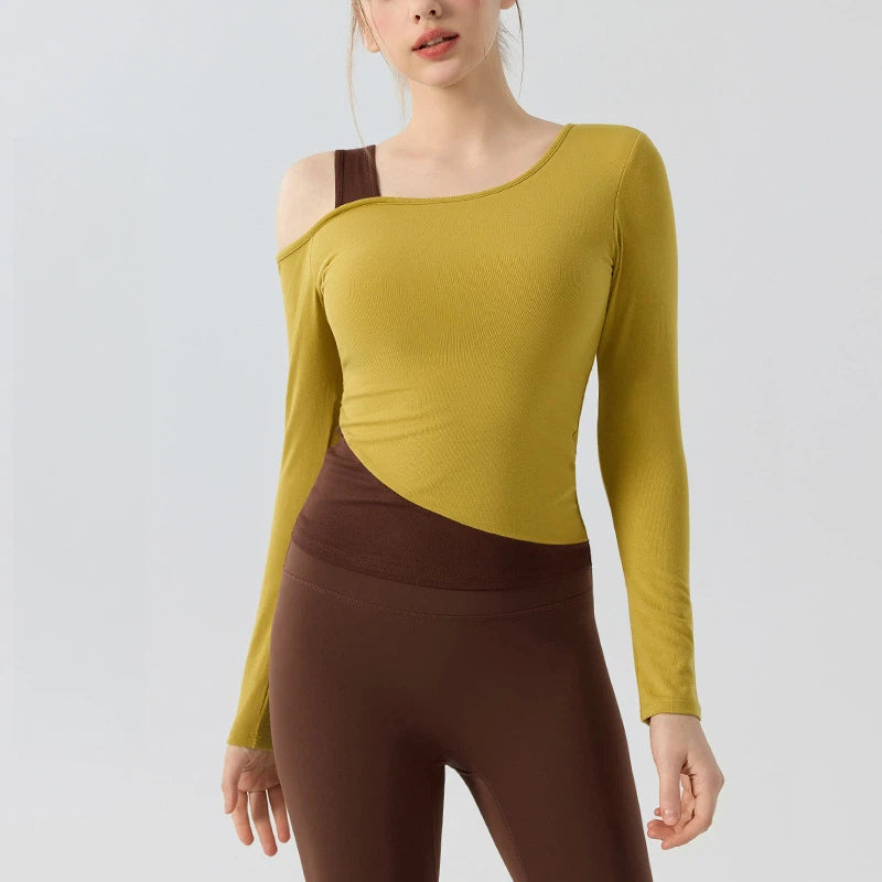 Contrasting fake two-piece off-the-shoulder sports Pilates top