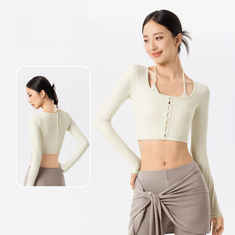 U-neck halterneck fake two-piece slimming yoga long sleeves