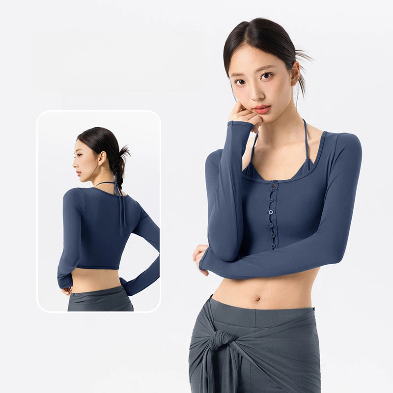 U-neck halterneck fake two-piece slimming yoga long sleeves