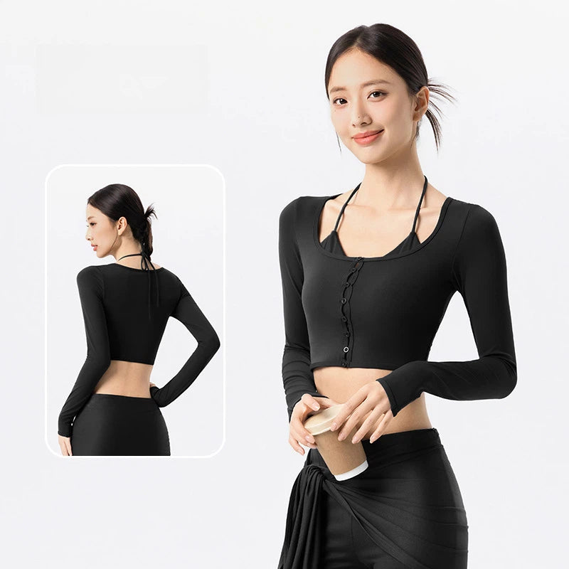 U-neck halterneck fake two-piece slimming yoga long sleeves