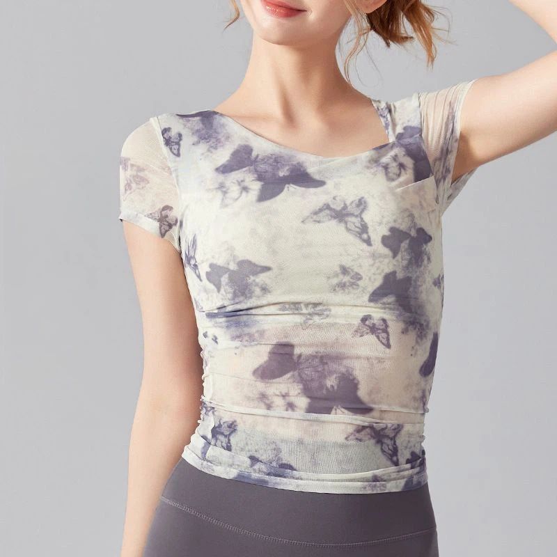Butterfly print mesh breathable, Quick-drying short sleeves