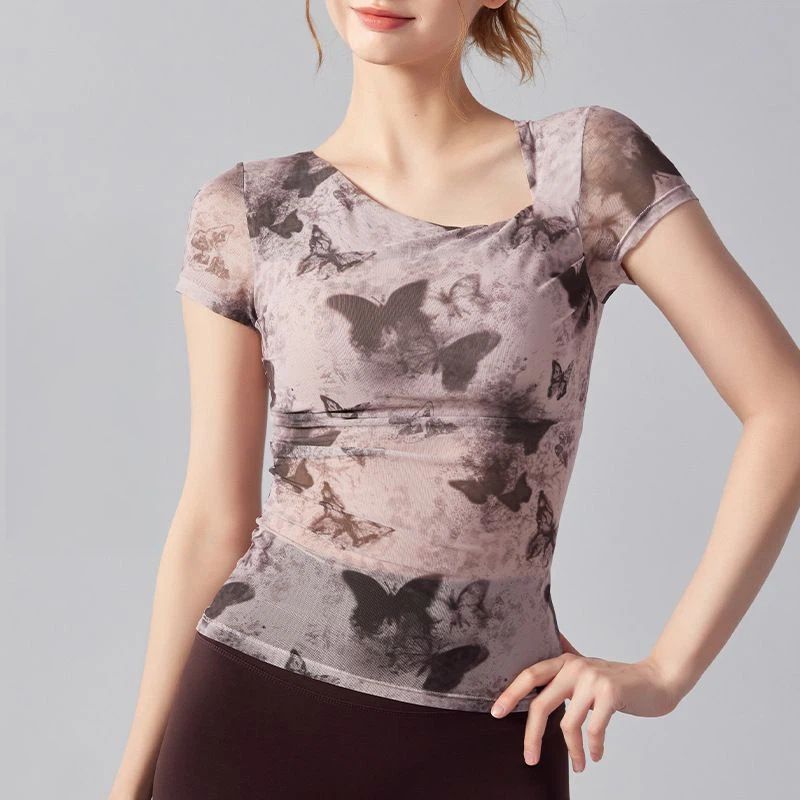 Butterfly print mesh breathable, Quick-drying short sleeves