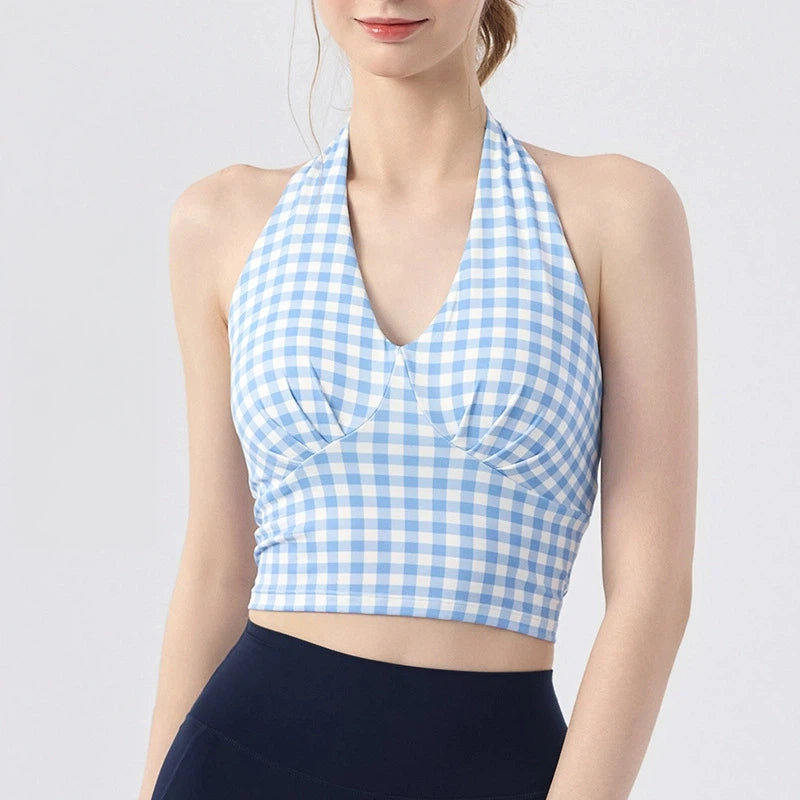 V-neck check print halterneck beauty back running fitness sports bra