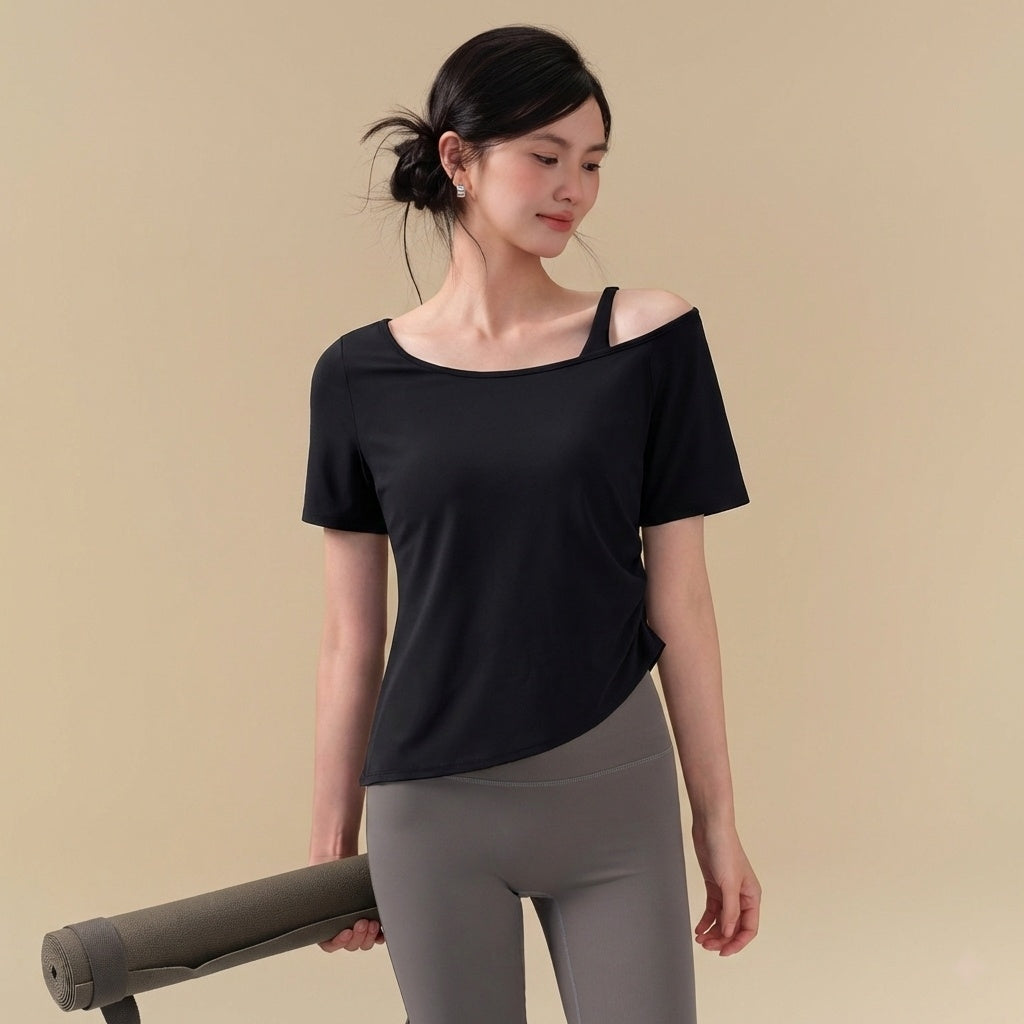 Asymmetrical Collar Side Ruched Slimming Athletic T-shirt