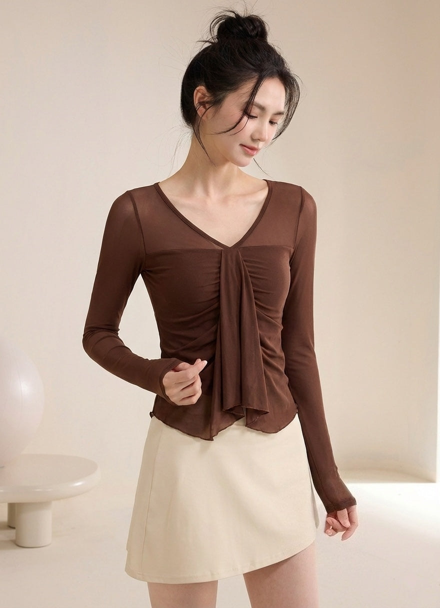 Sexy V-Neck Mesh Long Sleeve Workout Shirt - Breathable Yoga Tee