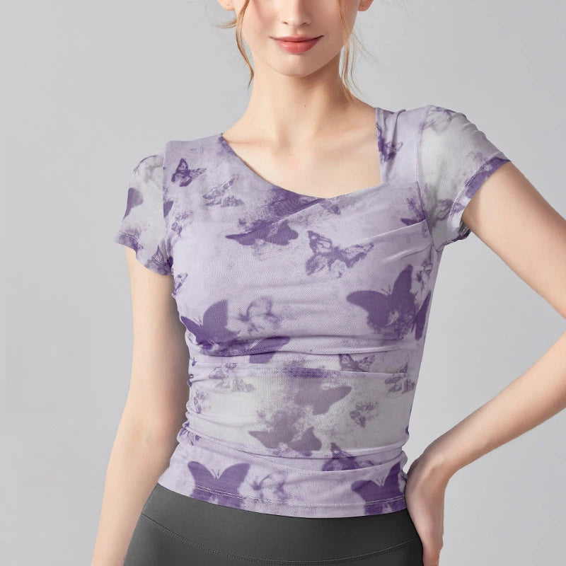 Butterfly print mesh breathable, Quick-drying short sleeves