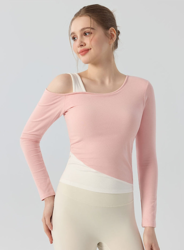 Contrasting fake two-piece off-the-shoulder sports Pilates top