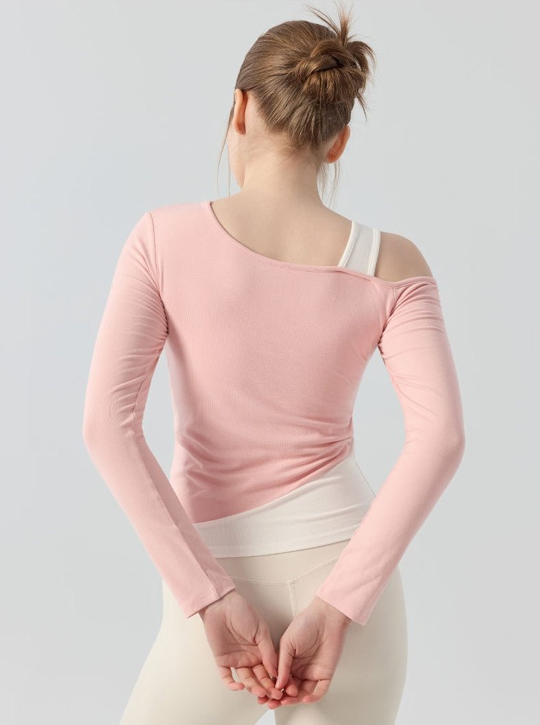 Contrasting fake two-piece off-the-shoulder sports Pilates top