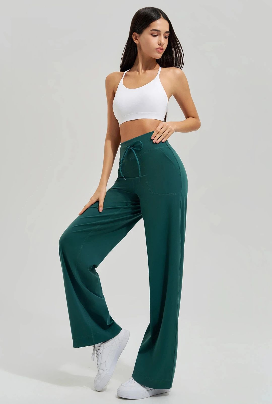 High-waisted elasticated quick-drying loose wide-leg trousers
